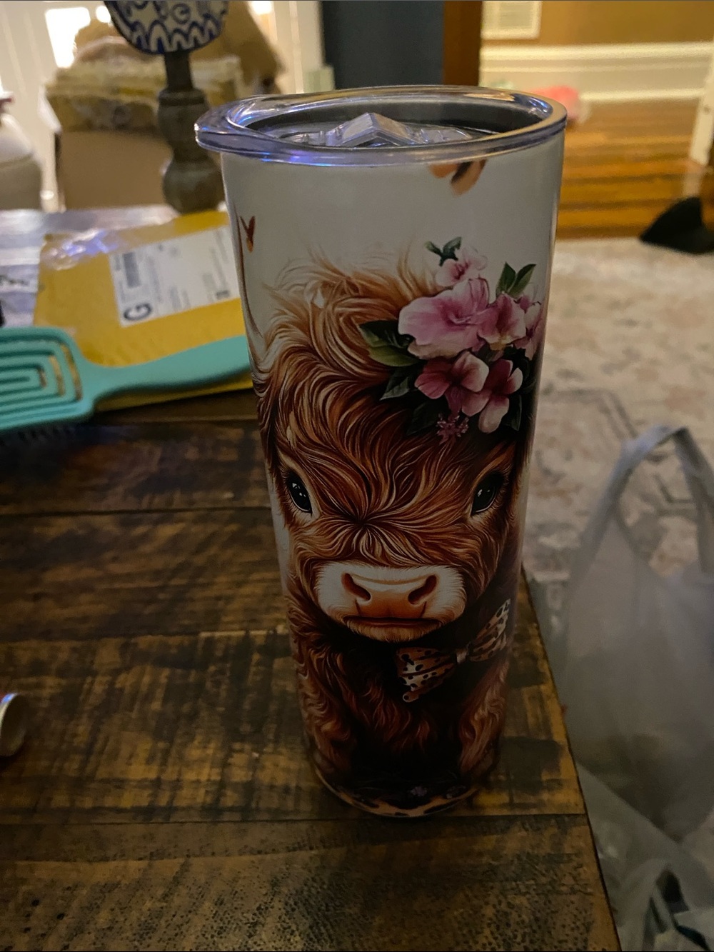 Insulated Brown Highland Cow Floral Travel Tumbler